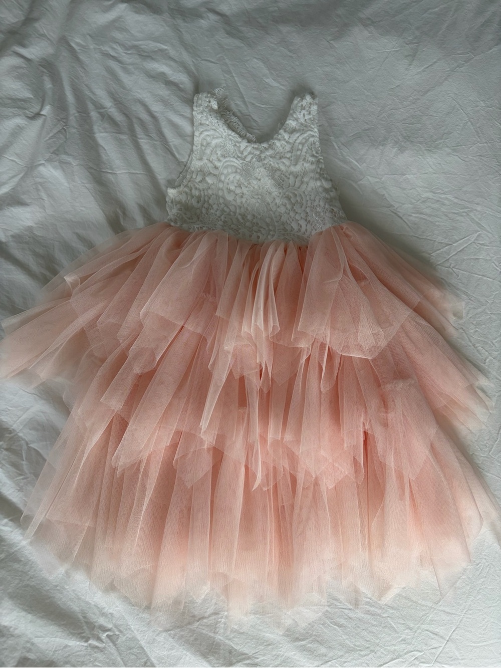 Jona Michelle White Lace Bodice with Peach Pink Layered Tulle Skirt
